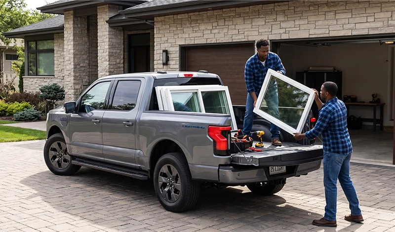 Two workers unload a large glass window from a pickup truck in a residential area, showcasing professional delivery services by MSA Ford in Abbotsford.