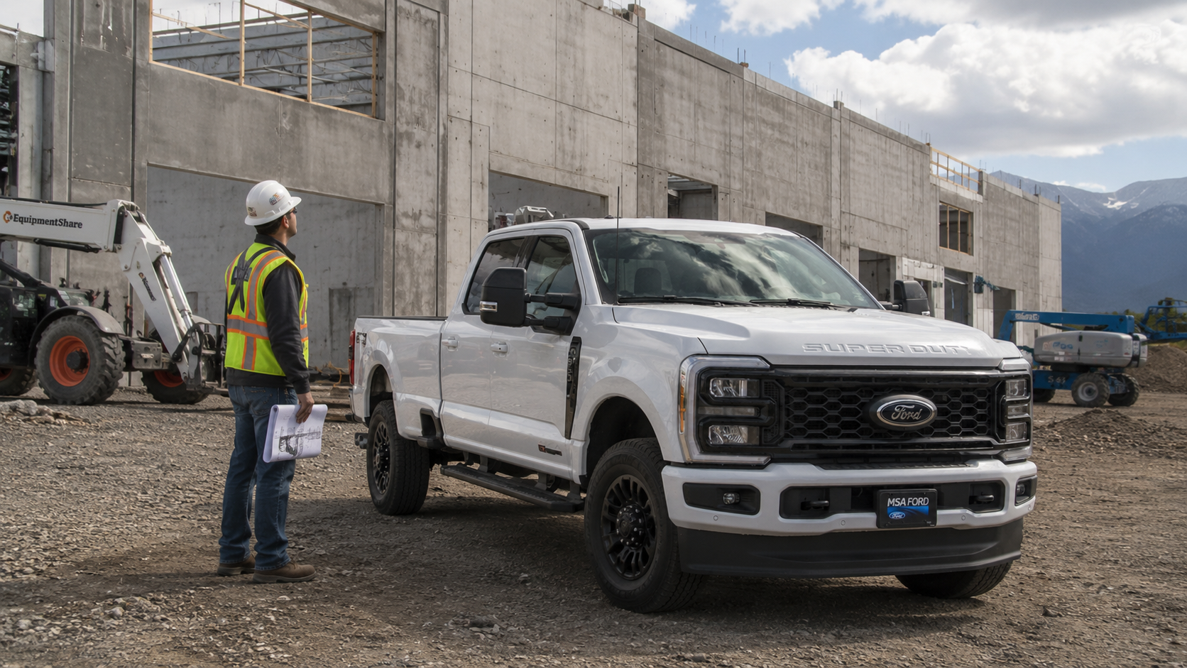 Construction site with a Ford pickup truck and a worker inspecting plans, representing the commercial vehicles available at MSA Ford in Abbotsford, BC.