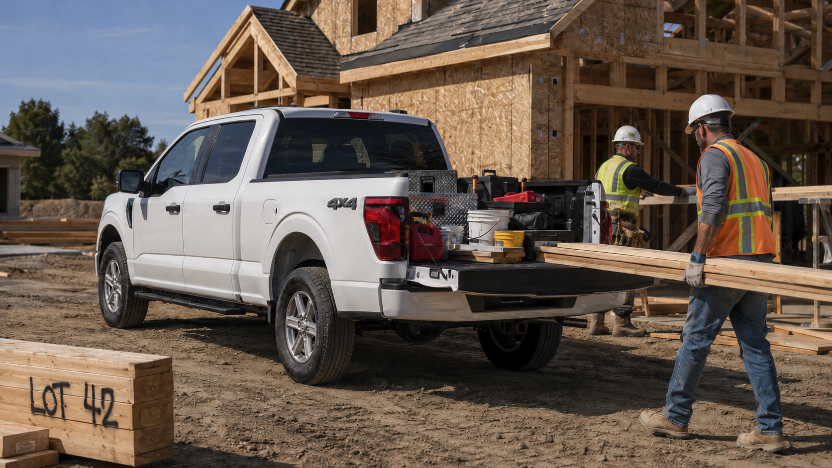 Two workers unload a large glass window from a pickup truck in a residential area, showcasing professional delivery services by MSA Ford in Abbotsford.